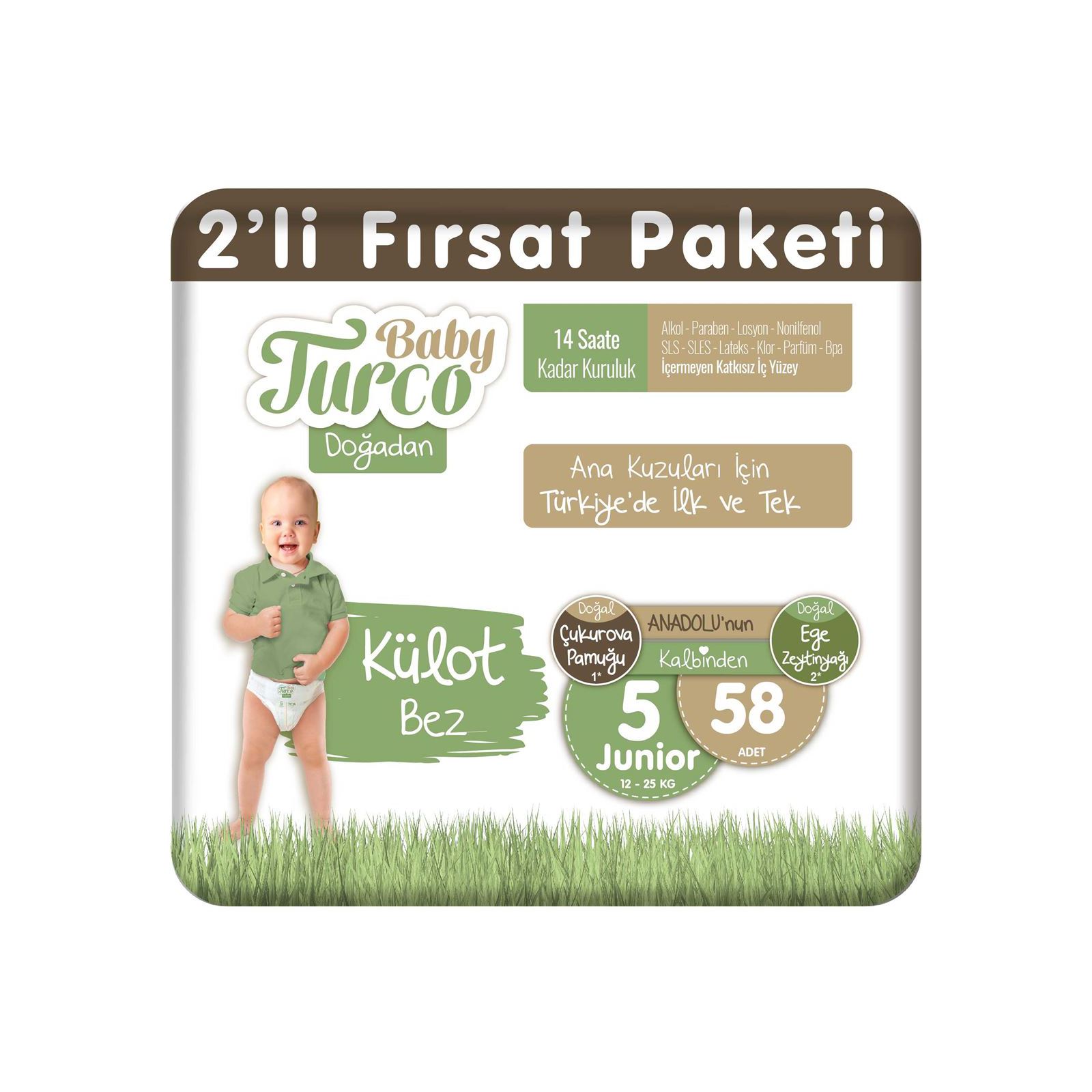 Baby Turco Doğadan Fırsat Paketi Külot Bez 5 Junior Numara 58 Adet Beyaz