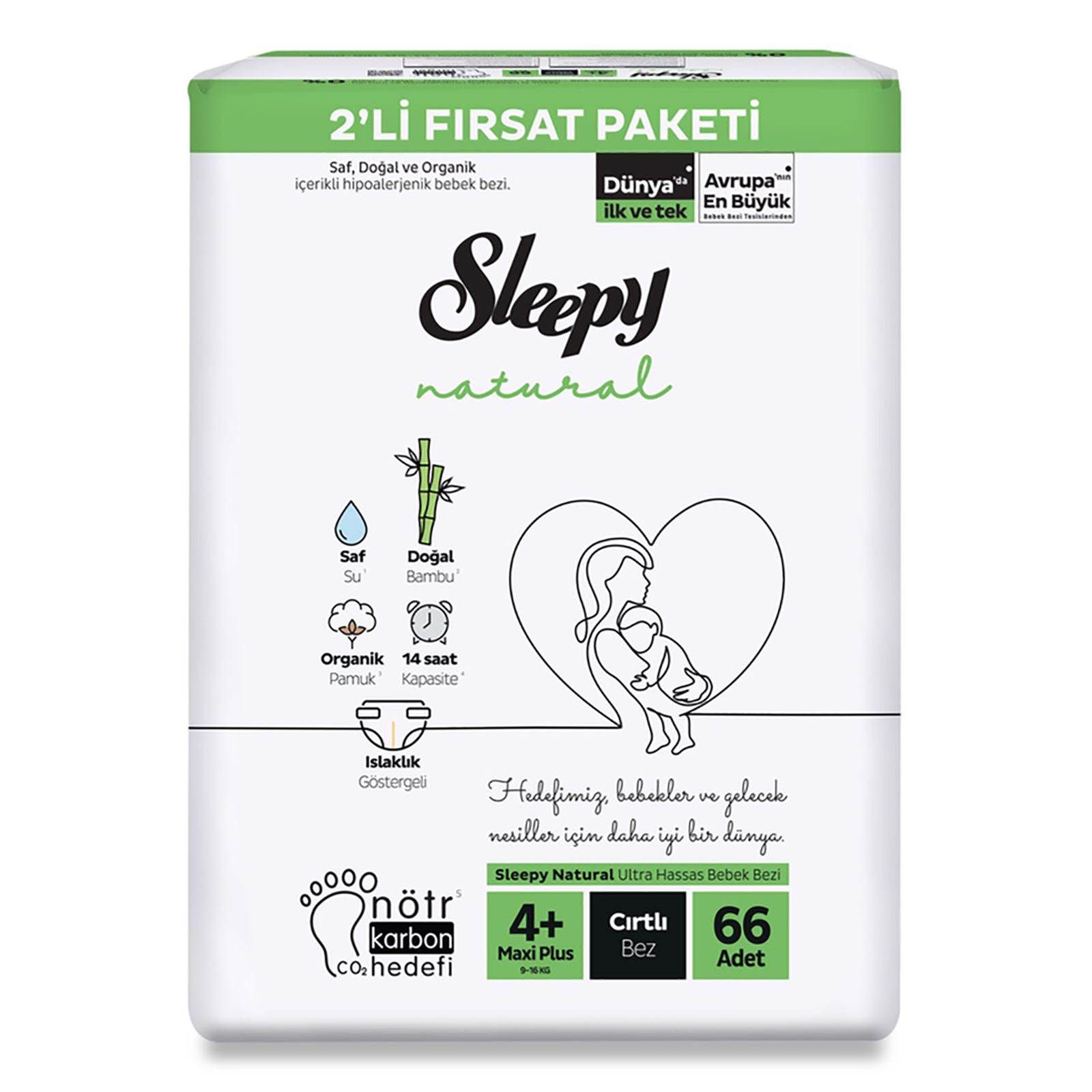 Sleepy Natural Fırsat Paketi Bebek Bezi 4+ Maxi Plus Numara 66 Adet