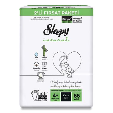 Sleepy Natural Fırsat Paketi Bebek Bezi 4+ Maxi Plus Numara 66 Adet 