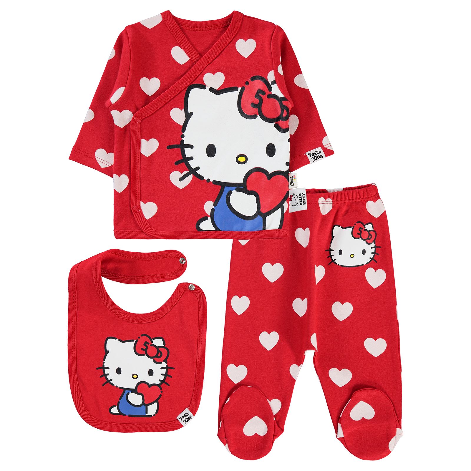 Hello Kitty Kız Bebek 3'lü Zıbın Takımı 0-1 Ay Kırmızı