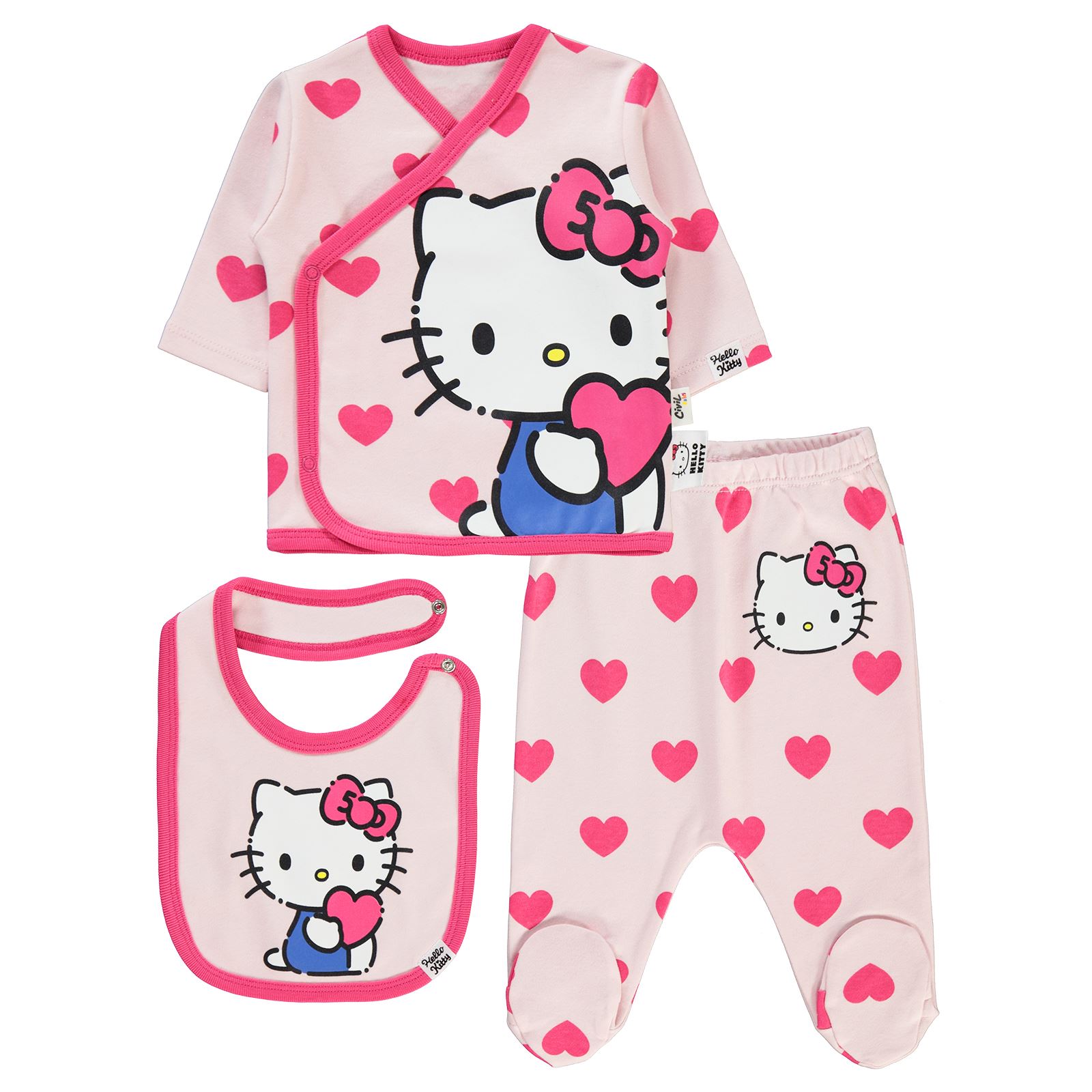 Hello Kitty Kız Bebek 3'lü Zıbın Takımı 0-1 Ay Açık Pembe