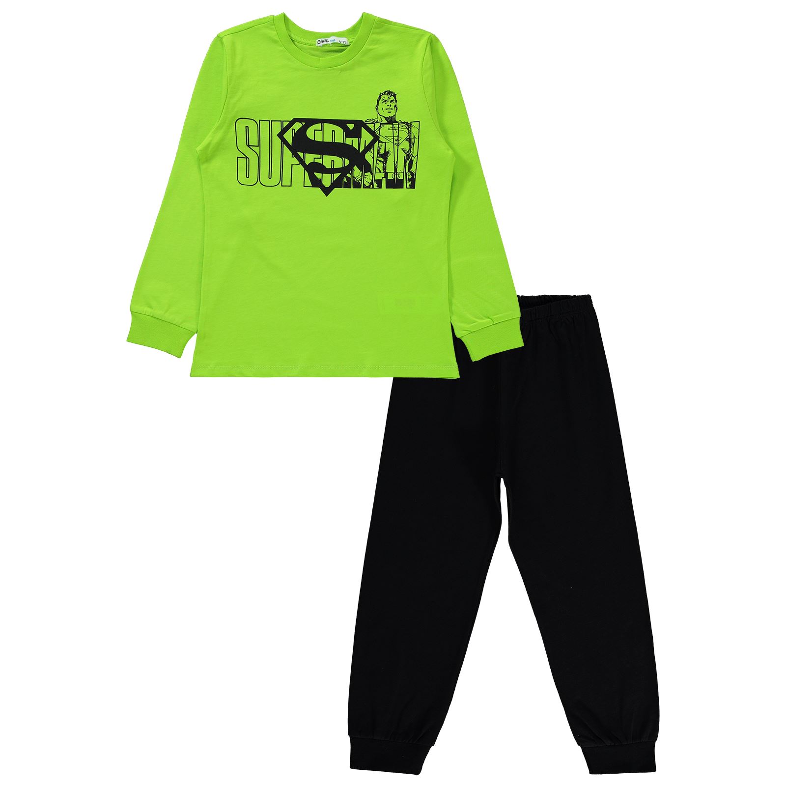 Superman Erkek Çocuk Pijama Takımı 6-9 Yaş Limon Yeşili