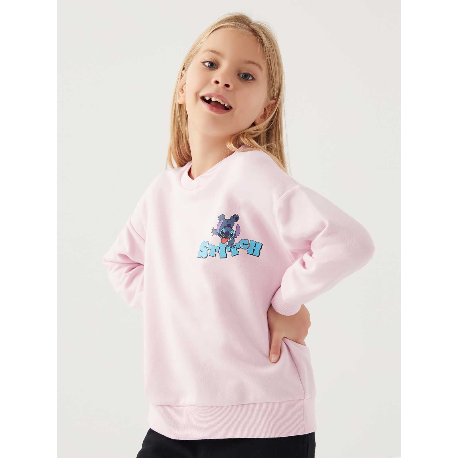 Stitch Kız Çocuk Sweatshirt 3-7 Yaş Toz Pembe