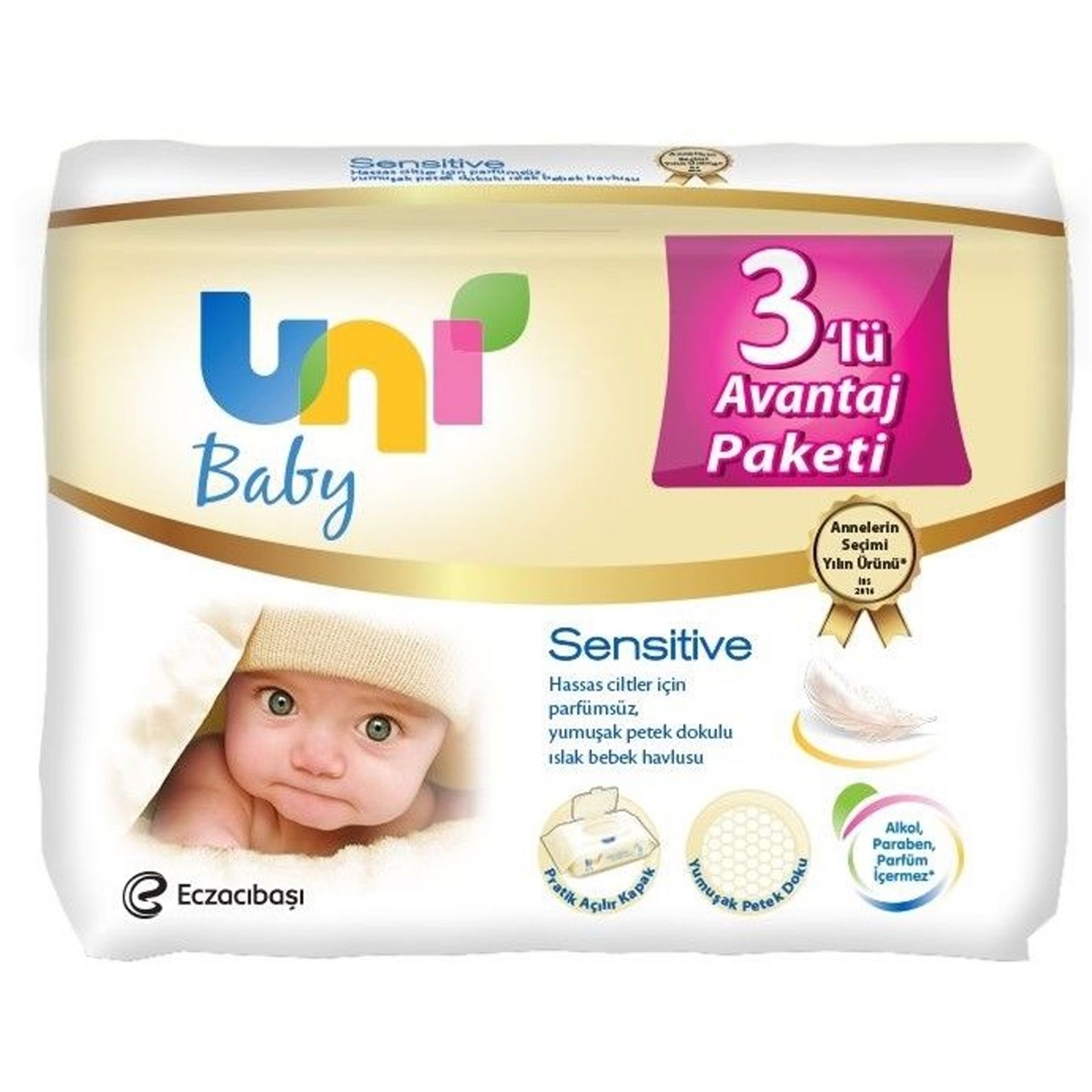Uni Baby Sensitive Petek Doku Parfümsüz Islak Havlu 3'lü 168'li